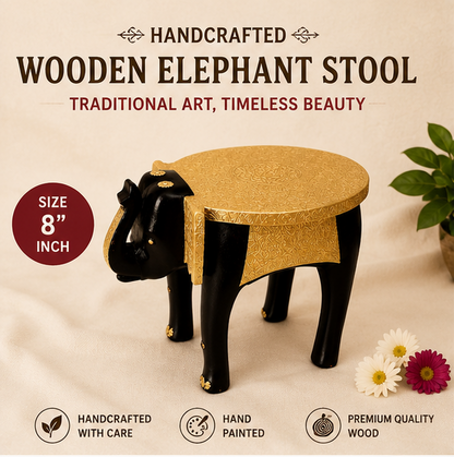 HandTrendytix Handcrafted Wooden Elephant Stool with Antique Gold Finish – Premium Decorative Side Stool