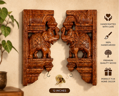 Trendytix Handcrafted Wooden Elephant Wall Bracket Pair with Brass Bells