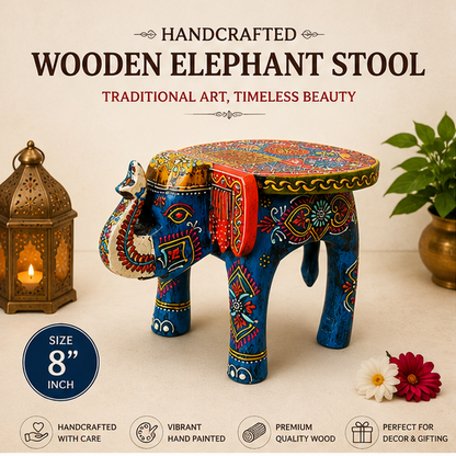 Handcrafted & Hand Painted Blue Wooden Elephant Stool – 8 Inch
