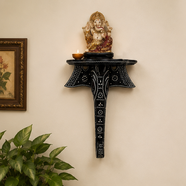 Heritage Handcrafted Elephant Wooden Wall Bracket Shelf – Black