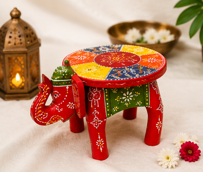 Handcrafted & Hand Painted Wooden Elephant Stool – 6 Inch