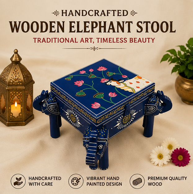 Trendytix Handcrafted & Hand-Painted Wooden Elephant Storage Box Chowki – Blue Lotus Design