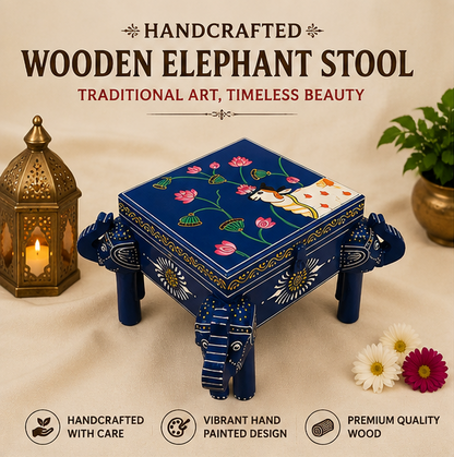Trendytix Handcrafted & Hand-Painted Wooden Elephant Storage Box Chowki – Blue Lotus Design