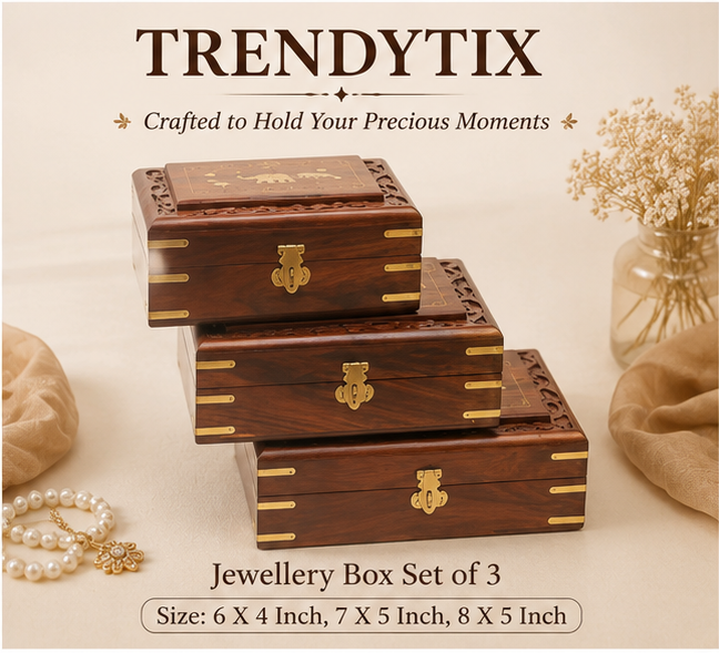 Trendytix Elephant Inlay Wooden Jewellery Box Set of 3 - Handcrafted