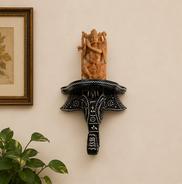 Royal Handcrafted Wooden Elephant Wall Bracket Shelf – Black