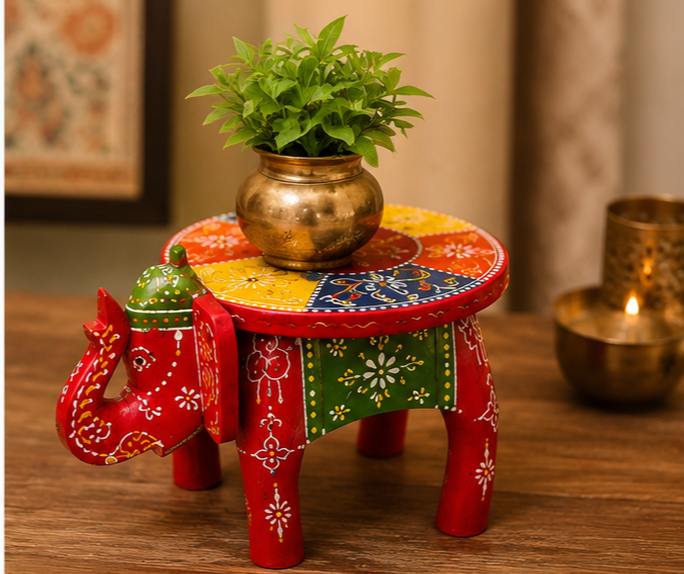 Handcrafted & Hand Painted Wooden Elephant Stool – 6 Inch