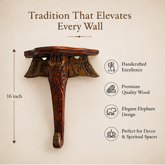 Heritage Handcrafted Elephant Wooden Wall Bracket Shelf – Brown