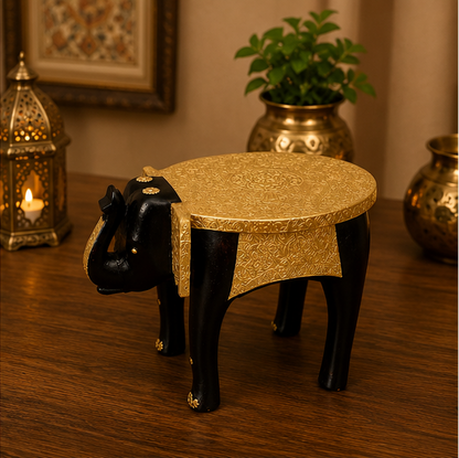 HandTrendytix Handcrafted Wooden Elephant Stool with Antique Gold Finish – Premium Decorative Side Stool