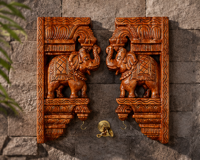 Trendytix Handcrafted Wooden Elephant Wall Bracket Pair with Brass Bells