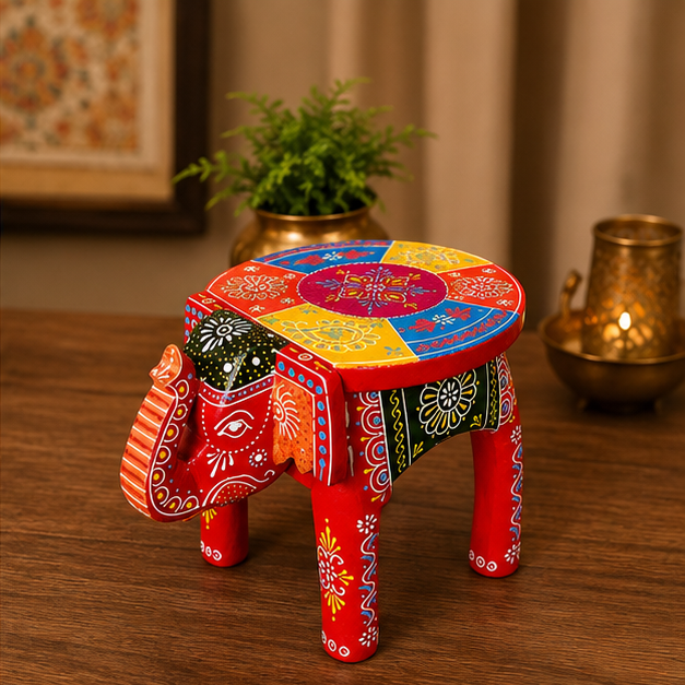 Handcrafted & Hand Painted Wooden Elephant Stool – 8 Inch