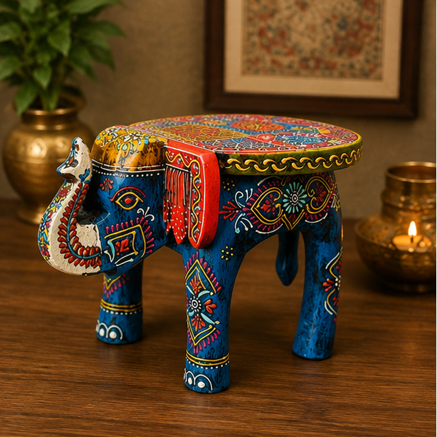Handcrafted & Hand Painted Blue Wooden Elephant Stool – 8 Inch