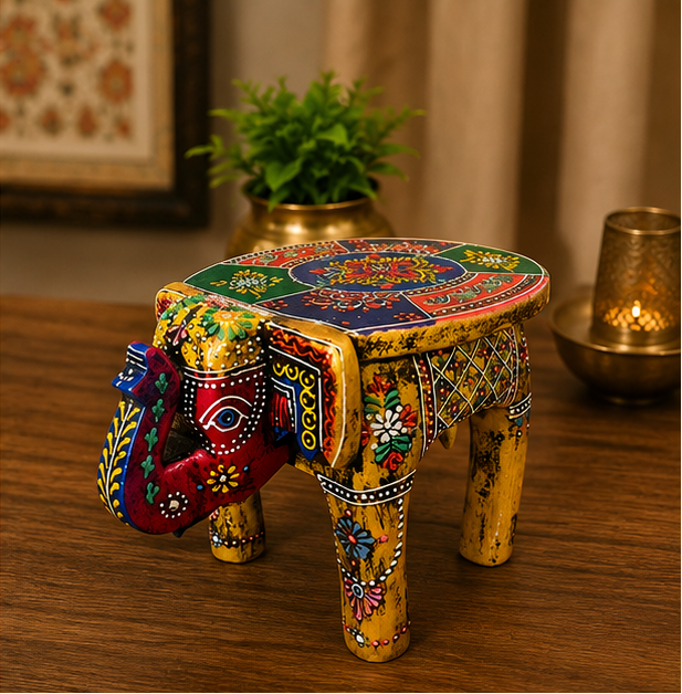 Trendytix Handcrafted & Hand-Painted Multicolor Wooden Elephant Stool – Traditional Folk Art Side Table