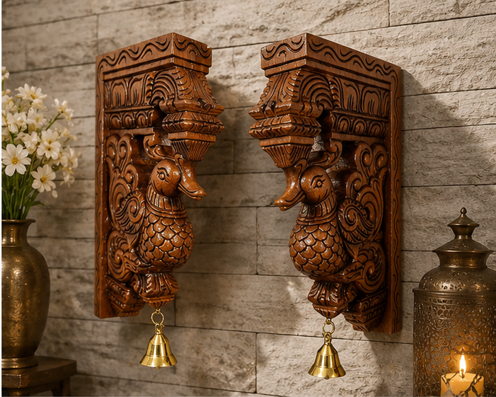 Trendytix Handcrafted Wooden Peacock Wall Bracket Pair with Brass Bells