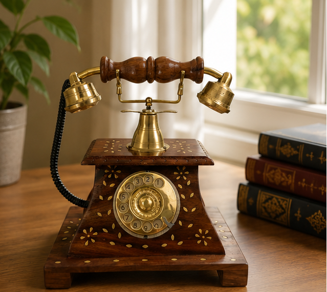Royal Maharaja Handcrafted Wooden Vintage Telephone (Brass)
