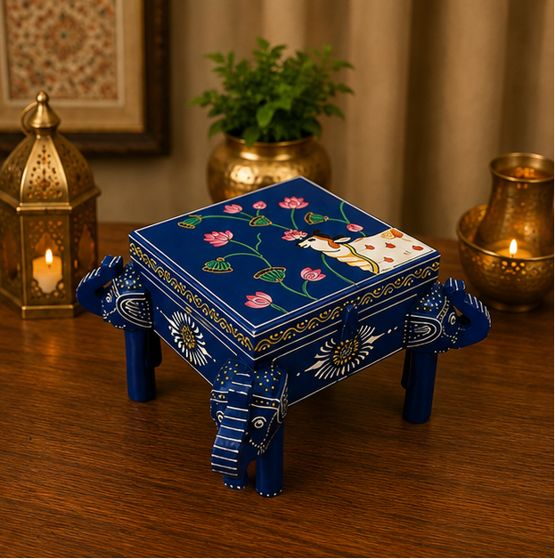 Trendytix Handcrafted & Hand-Painted Wooden Elephant Storage Box Chowki – Blue Lotus Design