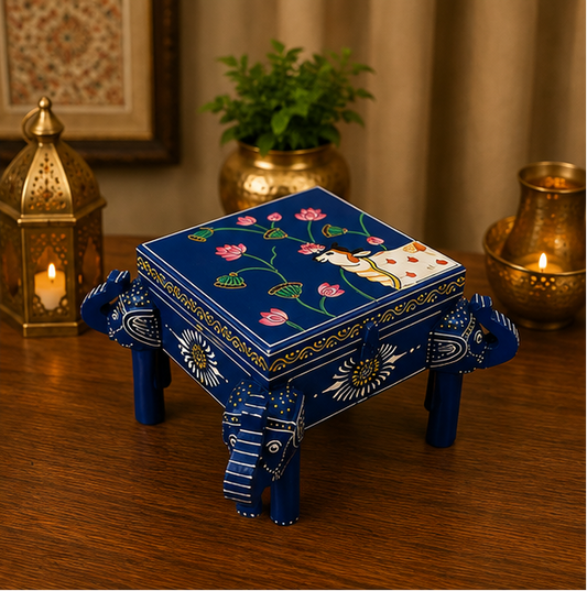 Trendytix Handcrafted & Hand-Painted Wooden Elephant Storage Box Chowki – Blue Lotus Design