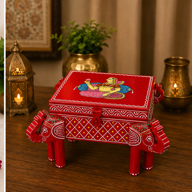 Trendytix Handcrafted & Hand-Painted Wooden Elephant Chowki with Storage Box – Traditional Rajasthani Art