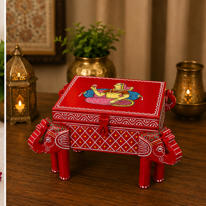 Trendytix Handcrafted & Hand-Painted Wooden Elephant Chowki with Storage Box – Traditional Rajasthani Art