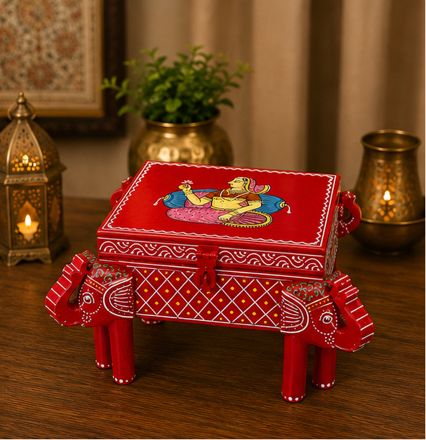 Trendytix Handcrafted & Hand-Painted Wooden Elephant Chowki with Storage Box – Traditional Rajasthani Art