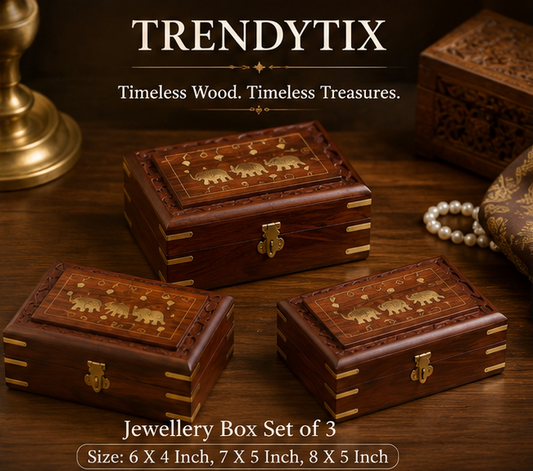 Trendytix Elephant Inlay Wooden Jewellery Box Set of 3 - Handcrafted