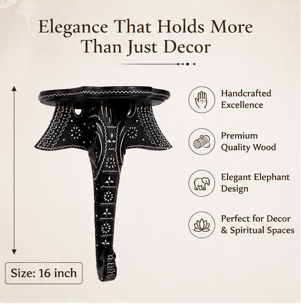 Heritage Handcrafted Elephant Wooden Wall Bracket Shelf – Black