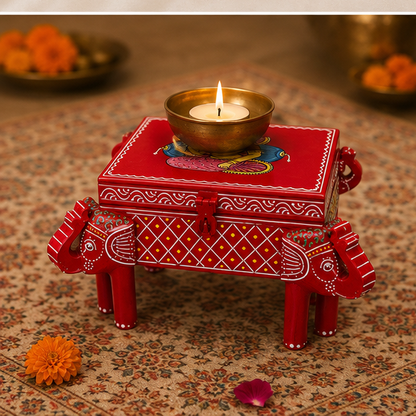 Trendytix Handcrafted & Hand-Painted Wooden Elephant Chowki with Storage Box – Traditional Rajasthani Art