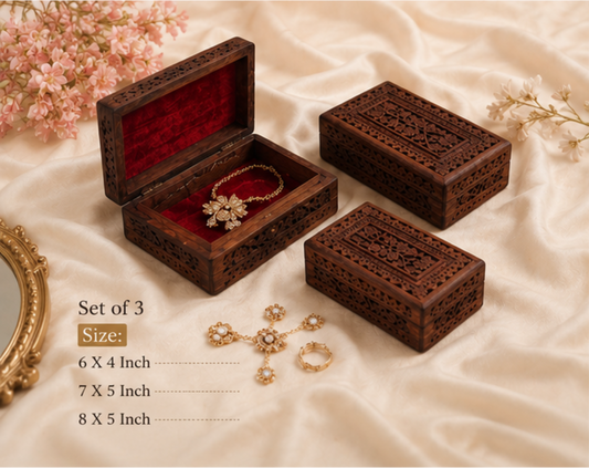 Kashmiri Floral Carved Wooden Jewellery Box Set of 3 - Handcrafted