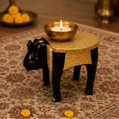 HandTrendytix Handcrafted Wooden Elephant Stool with Antique Gold Finish – Premium Decorative Side Stool
