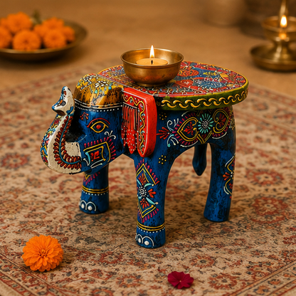 Handcrafted & Hand Painted Blue Wooden Elephant Stool – 8 Inch