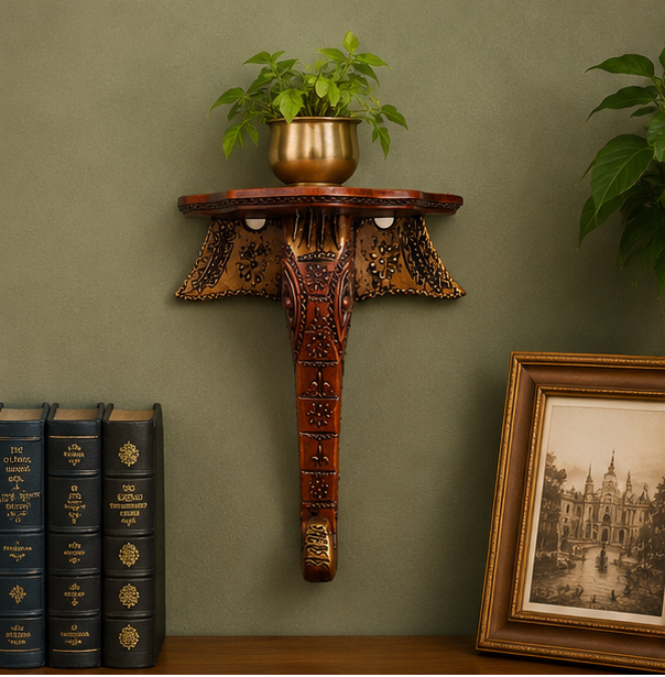 Heritage Handcrafted Elephant Wooden Wall Bracket Shelf – Brown