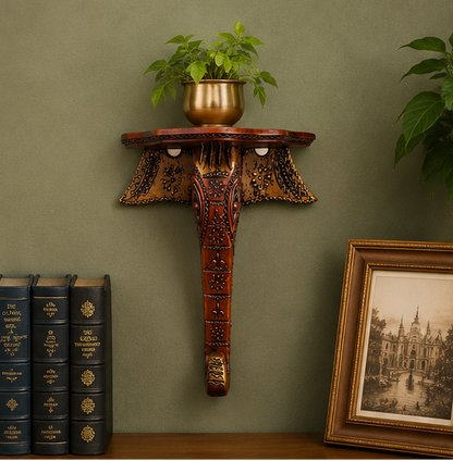 Heritage Handcrafted Elephant Wooden Wall Bracket Shelf – Brown