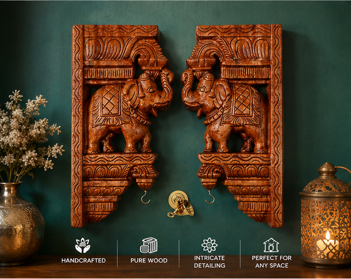 Trendytix Handcrafted Wooden Elephant Wall Bracket Pair with Brass Bells