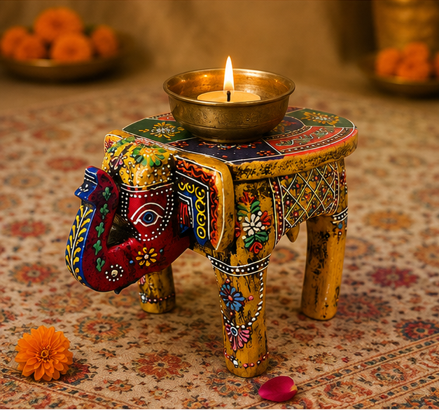 Trendytix Handcrafted & Hand-Painted Multicolor Wooden Elephant Stool – Traditional Folk Art Side Table