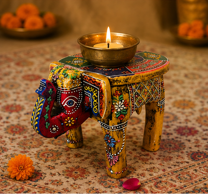 Trendytix Handcrafted & Hand-Painted Multicolor Wooden Elephant Stool – Traditional Folk Art Side Table