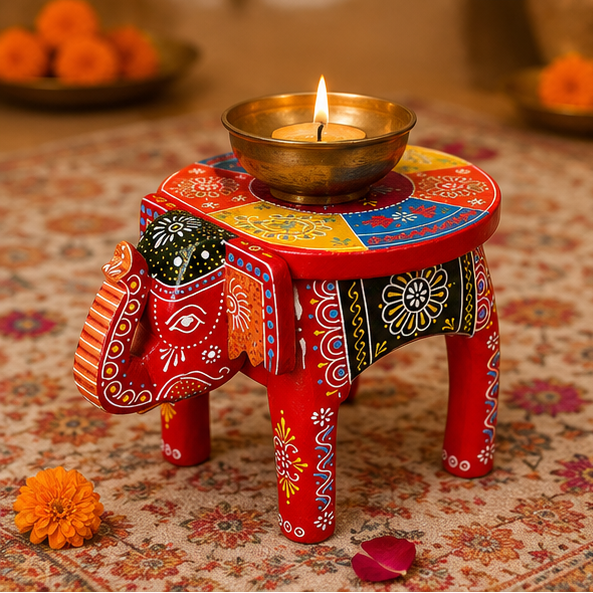 Handcrafted & Hand Painted Wooden Elephant Stool – 8 Inch