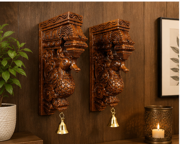 Trendytix Handcrafted Wooden Peacock Wall Bracket Pair with Brass Bells