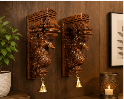 Trendytix Handcrafted Wooden Peacock Wall Bracket Pair with Brass Bells