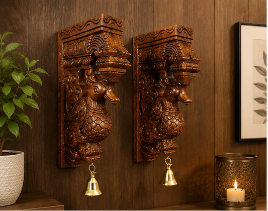Trendytix Handcrafted Wooden Peacock Wall Bracket Pair with Brass Bells
