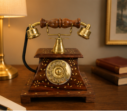 Royal Maharaja Handcrafted Wooden Vintage Telephone (Brass)