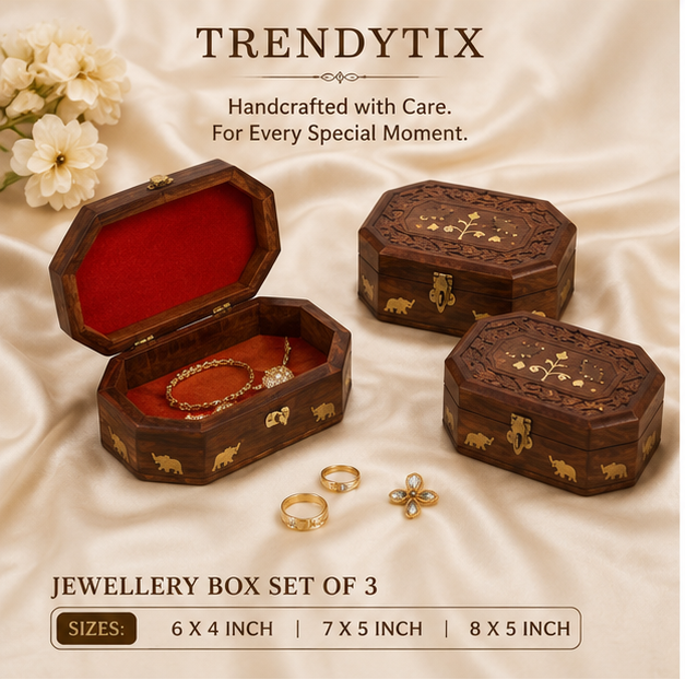 Octagonal Royal Elephant Inlay Wooden Jewellery Box Set of 3 - Handcrafted