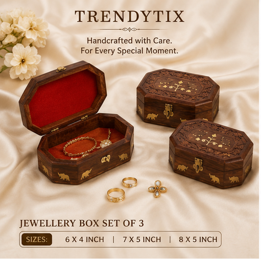 Octagonal Royal Elephant Inlay Wooden Jewellery Box Set of 3 - Handcrafted
