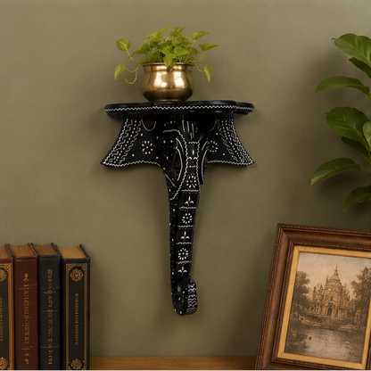 Heritage Handcrafted Elephant Wooden Wall Bracket Shelf – Black