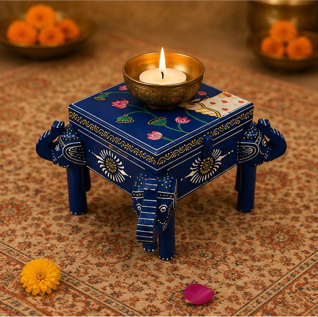 Trendytix Handcrafted & Hand-Painted Wooden Elephant Storage Box Chowki – Blue Lotus Design