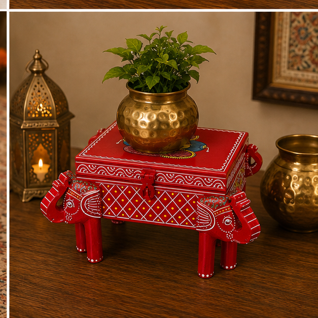 Trendytix Handcrafted & Hand-Painted Wooden Elephant Chowki with Storage Box – Traditional Rajasthani Art