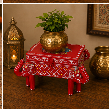 Trendytix Handcrafted & Hand-Painted Wooden Elephant Chowki with Storage Box – Traditional Rajasthani Art
