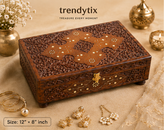 Kashmiri Carved Jewellery Box with Mirror- Handcrafted