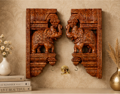 Trendytix Handcrafted Wooden Elephant Wall Bracket Pair with Brass Bells