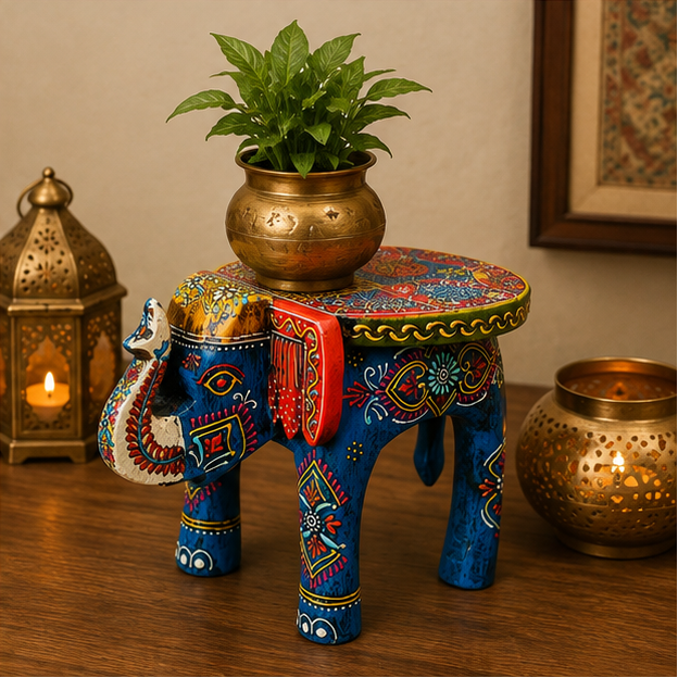Handcrafted & Hand Painted Blue Wooden Elephant Stool – 8 Inch