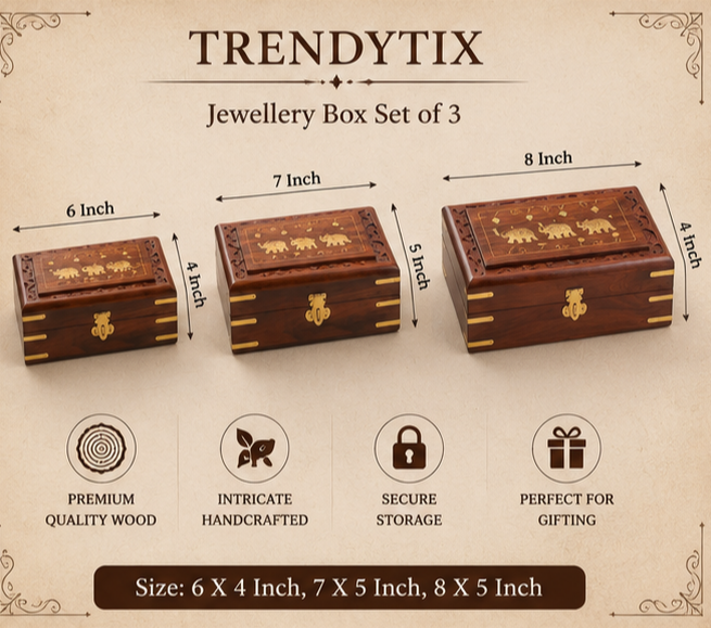 Trendytix Elephant Inlay Wooden Jewellery Box Set of 3 - Handcrafted