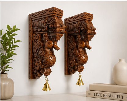 Trendytix Handcrafted Wooden Peacock Wall Bracket Pair with Brass Bells